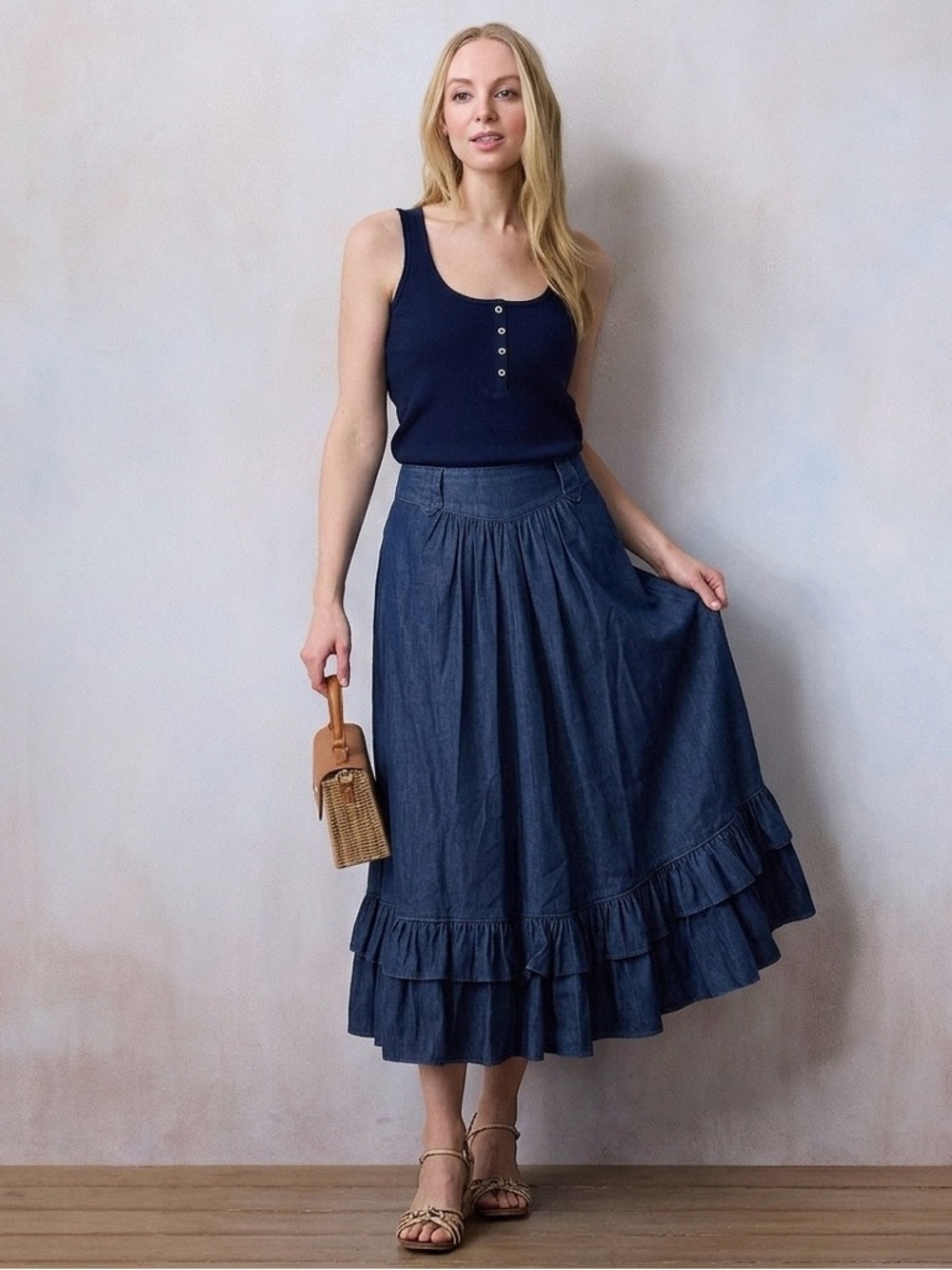 Vintage Circle T By Marilyn Williams Made in USA Tiered Denim Maxi Skirt